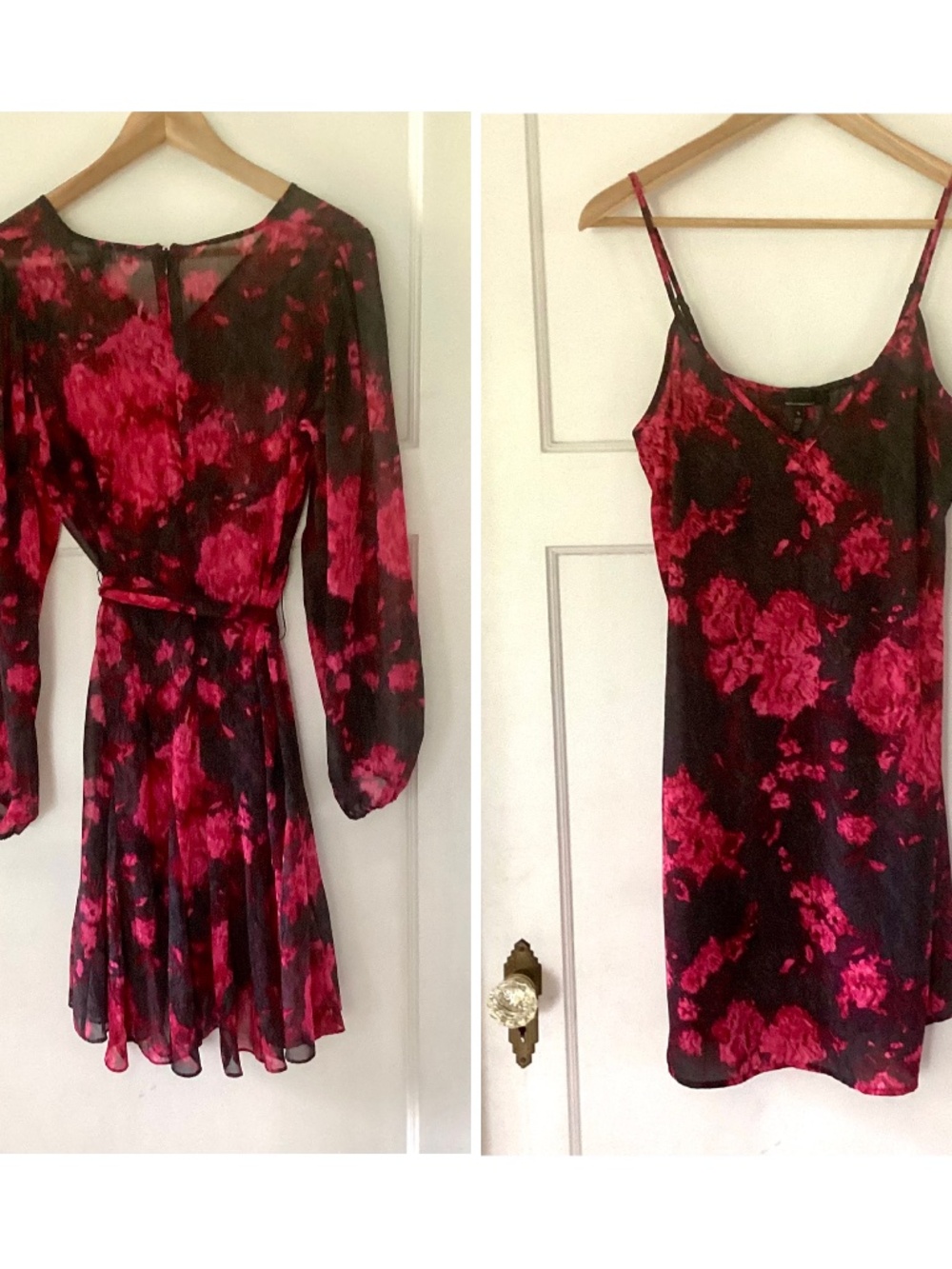 WHBM 2 In 1 Godet Dress Black Red Floral Sheer Size 6 Fit & Flair Lined Cami